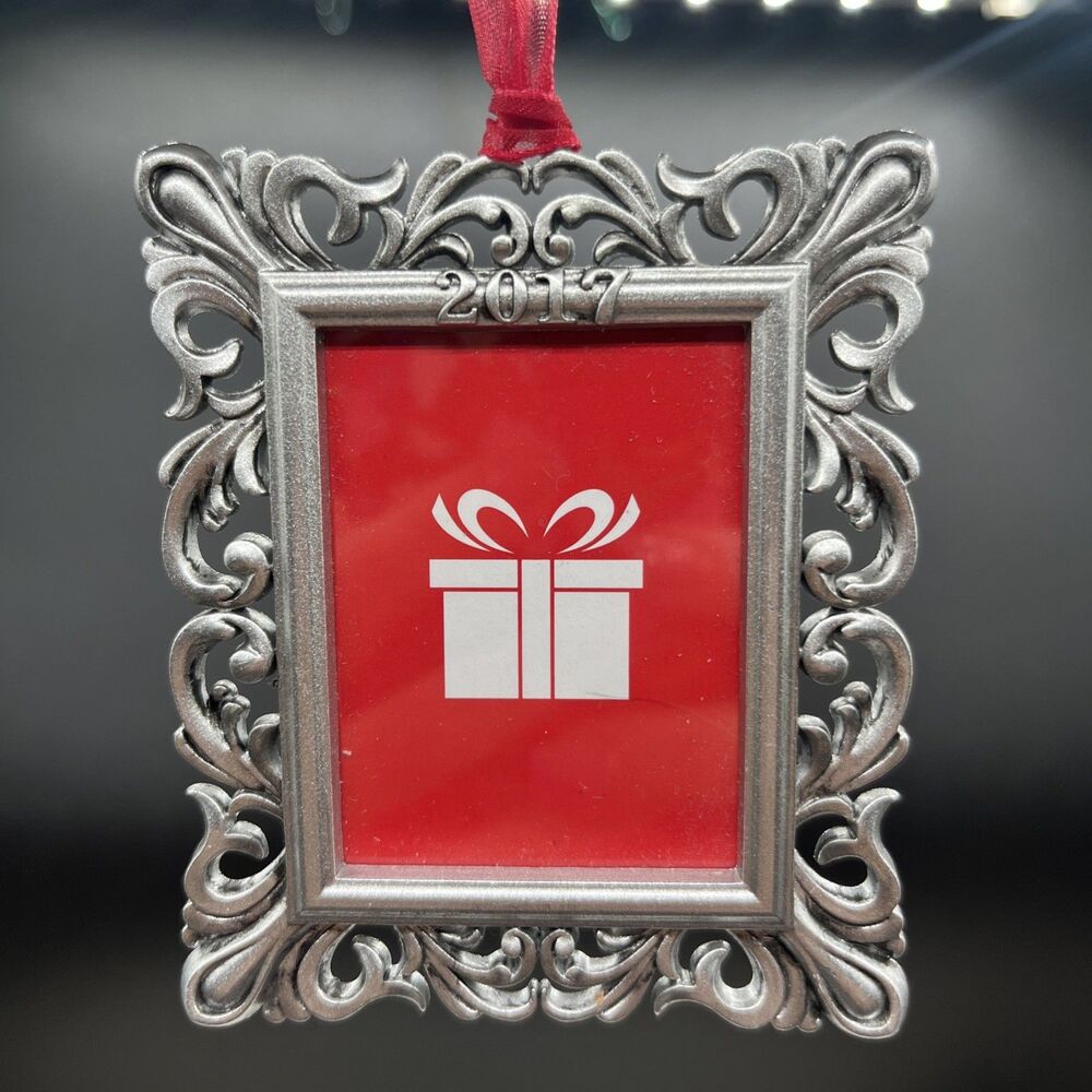 Studio Decor 2017Christmas Ornament 3.5x3.5" Holds 2x2" Photo Silver Red Ribbon